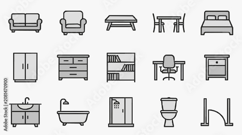 Corporate Minimalist Line Icons Set of Furniture and Bathroom Fixtures in Monochrome with high quality professional line art symbols for modern creative design and digital branding projects