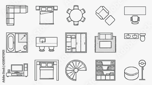 Professional Minimalist Black and White Line Drawing Icons Set of Modern Furniture and Home Appliances