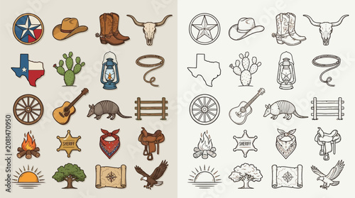 Obraz na plátně Collection of Western and Texas themed icons and illustrations, including cowboy boots, hats, longhorn skulls, cacti, and more