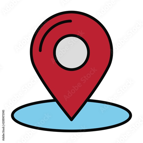 Red map pin icon on blue background with white circle