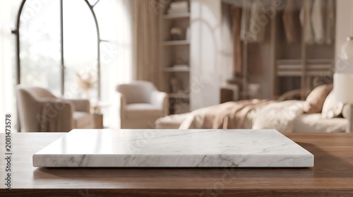 White marble slab on wooden table in blurred luxury bedroom interior for an elegant product display and presentation