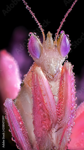 
Orchideenmantis im Morgentau – Ein makelloses Naturwunder in Pink und Lila