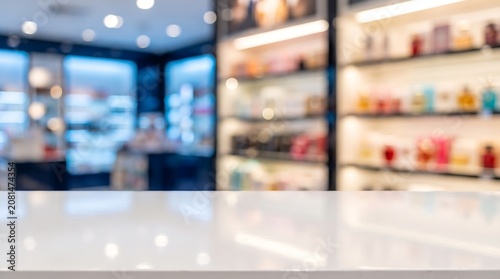 Empty white table top with blurred perfume store background for cosmetic product presentation mockup and retail display