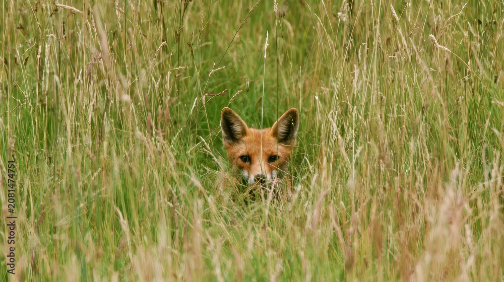 Fototapeta premium Fox resting in tall grass in a field during daytime
