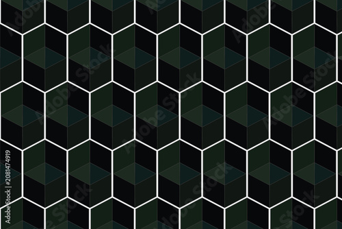 Geometric hexagon pattern with 3D isometric cubes, dark green honeycomb background, seamless abstract architectural texture for modern design