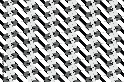 Isometric geometric pattern with 3D blocks, monochrome architectural texture, black and white abstract vector background for modern design