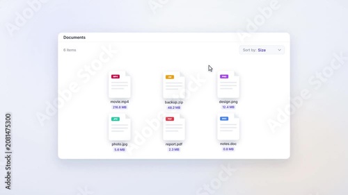 Digital file management interface animation demonstrating sorting documents by file size