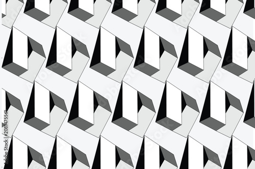 Isometric geometric pattern, seamless 3D block texture, monochrome architectural background, abstract black and white vector design