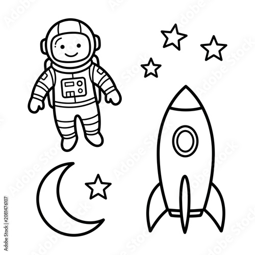 Cute astronaut with rocket and moon drawing