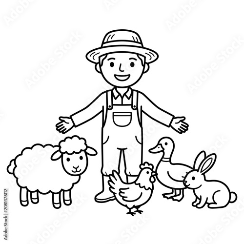 Happy farmer standing with cute farm animals line art