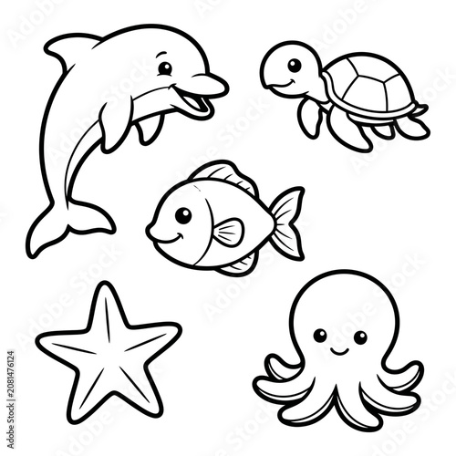 Cute sea animal cartoon set for coloring book page