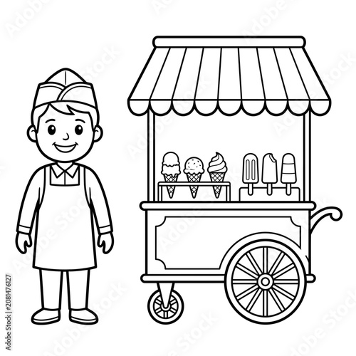 Friendly ice cream vendor with a small street food cart
