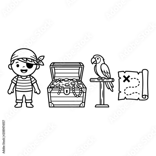 Cute pirate boy with treasure chest parrot and map line art