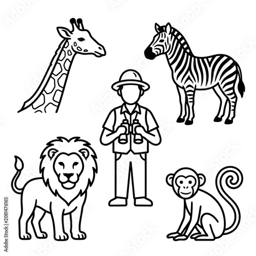 Safari explorer with wild animals line art icons