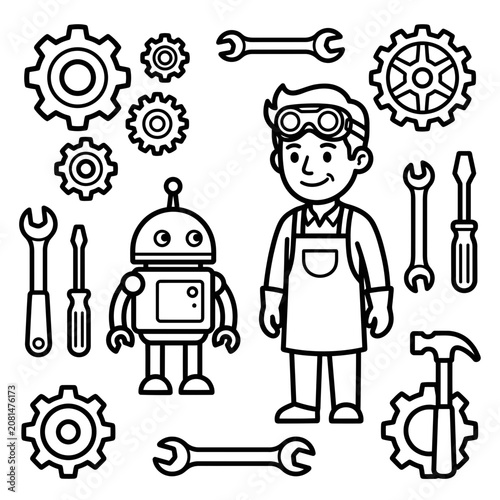 Mechanic with robot and repair tools set