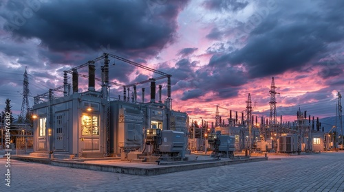 Industrial Power Station at Dusk with Dramatic Cloudy Sky