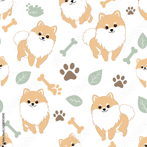 Seamless pattern of cute Pomeranian dogs and bone icons