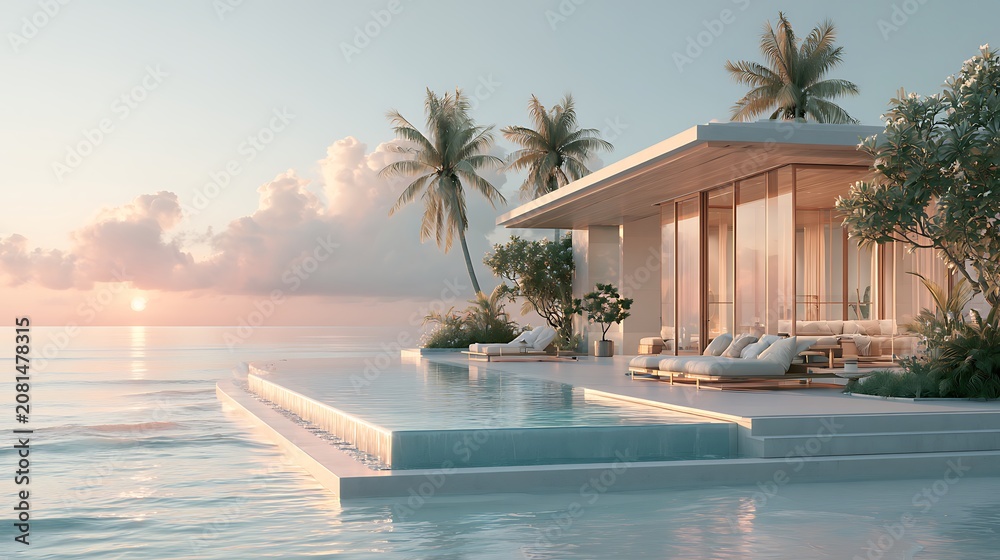 Fototapeta premium Villa stunning infinity pool at luxury tropical villa, overlooking ocean, sunset colors, nobody visible, luxury hospitality, realistic architecture photography, 8k 
