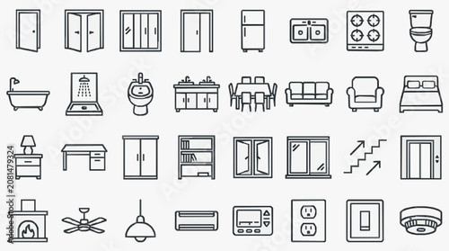 Elegant Minimalist Black and White Line Icons Set of Household and Bathroom Items Furniture Appliances