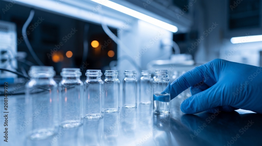 Fototapeta premium Blue Gloved Scientist Arranging Sample Vials In Research Laboratory