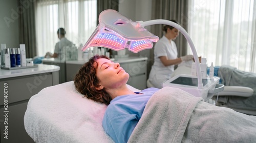 Woman Receiving LED Light Facial Treatment in Modern Cosmetic Clinic