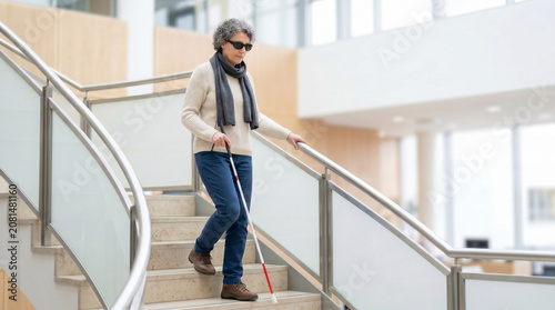 Blind person walking stairs in modern indoor space for International White Cane Day  
