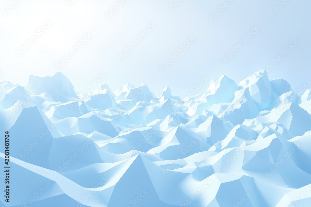 Fototapeta premium Low poly mountains, light blue hues, minimalist landscape. Digital rendering creates abstract peaks, serene vista.