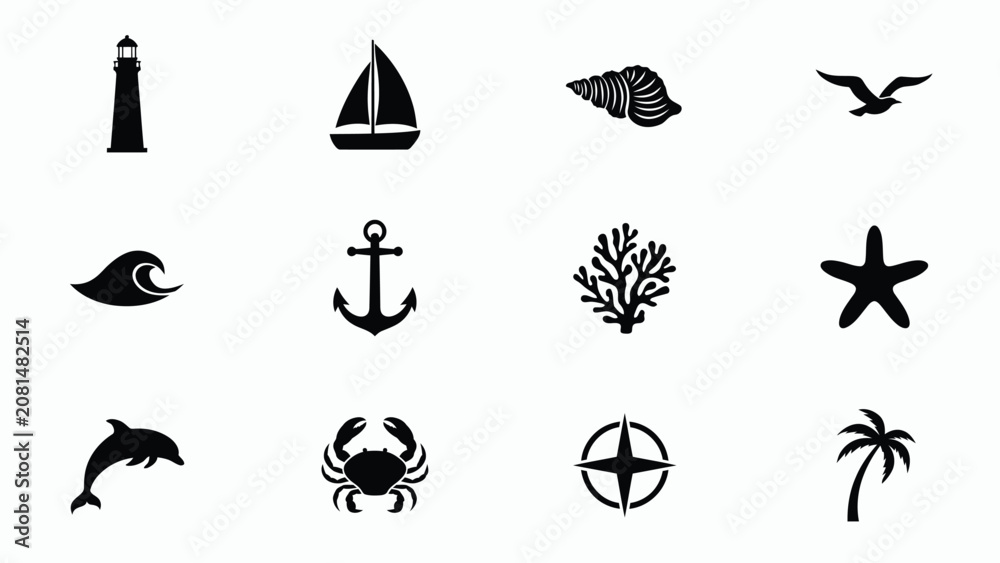 Obraz premium Minimalist black and white nautical icons collection featuring lighthouse sailboat seashell bird wave anchor coral starfish dolphin crab compass and palm tree for travel