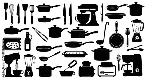 Kitchenware silhouettes set with appliances and cooking tools