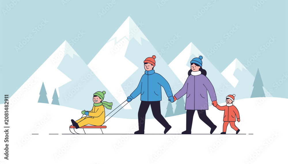 Fototapeta premium Cheerful family walking together in a snowy winter mountain landscape while pulling their young child on a red sled.