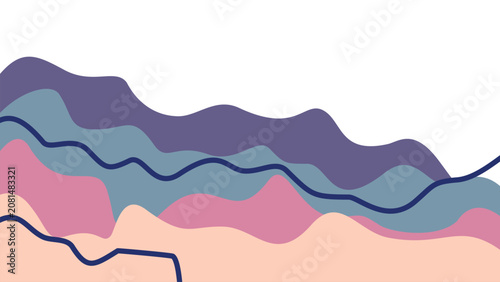 Abstract boho landscape background with navy lines. Fluid wavy layers in dusty purple, teal, pink, and beige. Perfect for aesthetic modern templates.
