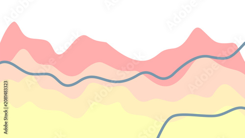 Contemporary fluid wave layout template. Abstract layered backdrop in dreamy colors of peach and yellow with teal outlines. Eye-catching bright design.
