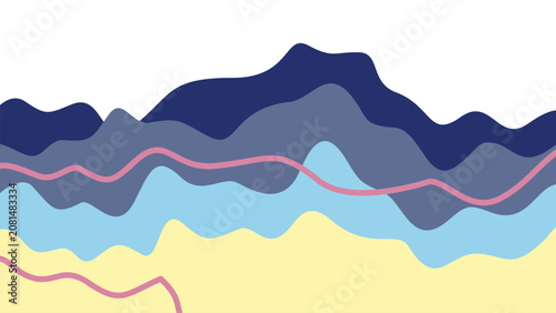 Elegant fluid abstract vector backdrop with soft peach strokes. Layered aesthetic waves in deep navy, sky blue, and pastel yellow. Excellent for art.
