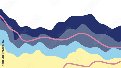 Serene beach fluid landscape background. Wavy layers in navy, grey, sky blue, and yellow with peach linear accents. Great for presentation designs.
