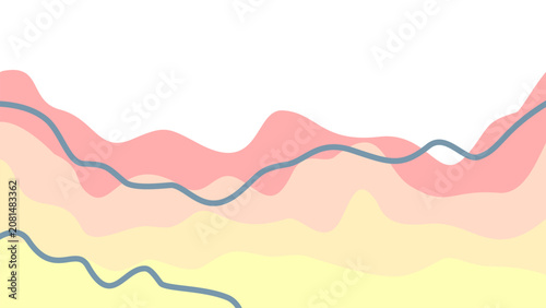 Organic abstract layered concept with continuous teal lines. Undulating flat layers featuring soft peach, beige, and yellow. Beautiful visual for web.
