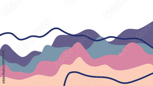 Minimalist pastel fluid topography vector. Smooth paper cut waves blending muted plum, slate teal, and soft sand with navy strokes. Ideal for UI layouts.
