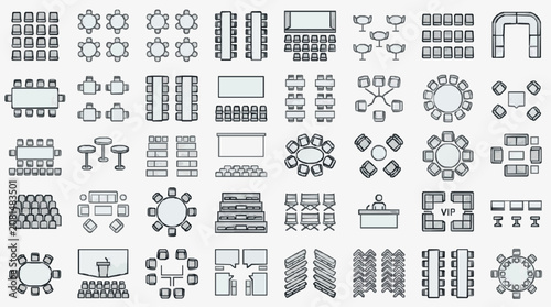 Industrial Minimalist Line Drawing Icons Set of Various Office and Meeting Room Layouts in Monochrome