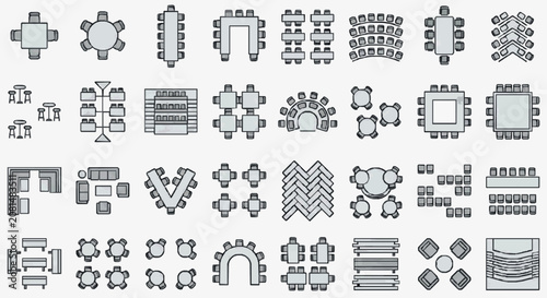 Corporate Office Seating Arrangement Layouts Modern Gray Scale Floor Plans with Various Furniture Configurations