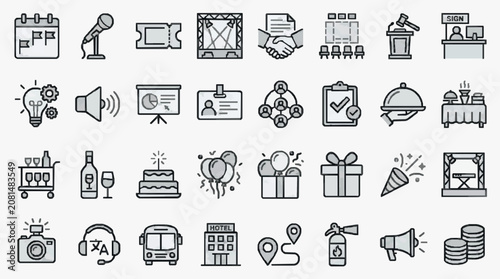 Sleek Monochromatic Flat Icons Set Featuring Event Planning Business Travel and Celebration Elements in Minimalist Gray