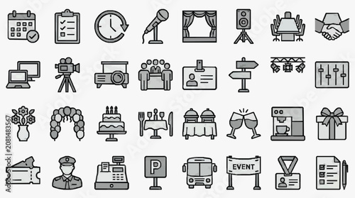 Minimalist Black and White Line Icons Set Featuring Event Planning Hospitality Media and Miscellaneous Symbols