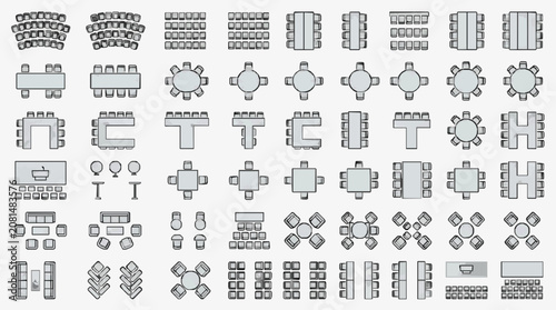 Clean Minimalist Gray and White Office Seating and Table Arrangement Layouts Collection with high quality professional line art symbols for modern creative design and digital branding projects