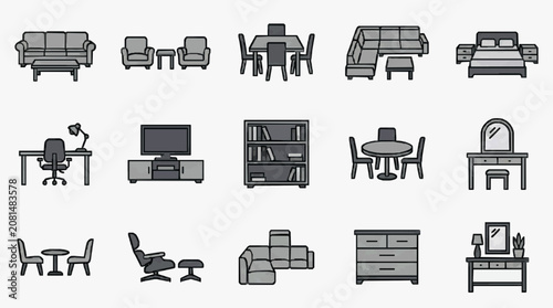 Clean Minimalist Black and White Line Icons Set of Modern Furniture and Home Office Essentials with high quality professional line art symbols for modern creative design and digital branding projects