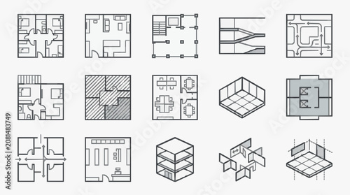 Dynamic Architectural Floor Plan and 3D Building Layout Collection in Monochrome and Gray Tones