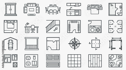 Elegant Minimalist Black and White Line Icons Set Featuring Home Office Utility and Navigation Symbols