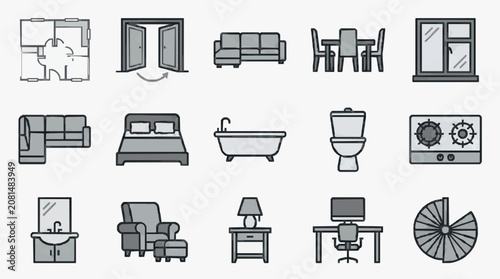 Clean Minimalist Line Drawing Icons of Home and Room Furniture Essentials in Monochrome with high quality professional line art symbols for modern creative design and digital branding projects