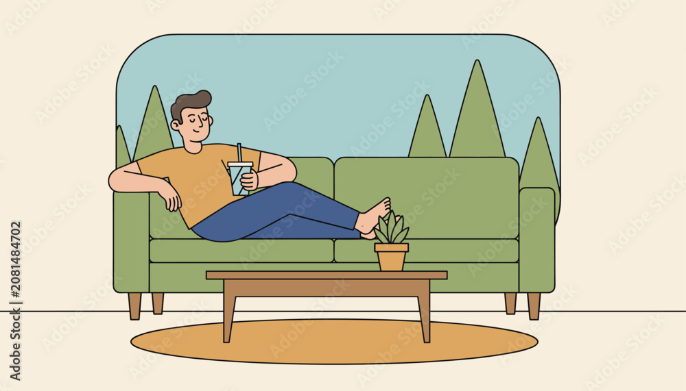 Obraz premium Young man sitting comfortably on a cozy green sofa and drinking a refreshing cold beverage in his modern living room.