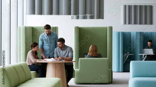 Collaborative Team Reviewing Documents in a Modern, Muted-Tone Open Office with Cozy Booths and Natural Light