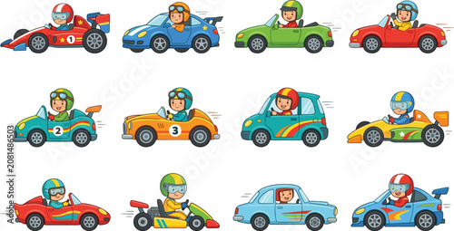 Fotografie Cute racing car driver collection, cartoon kids vehicle transportation set, colo