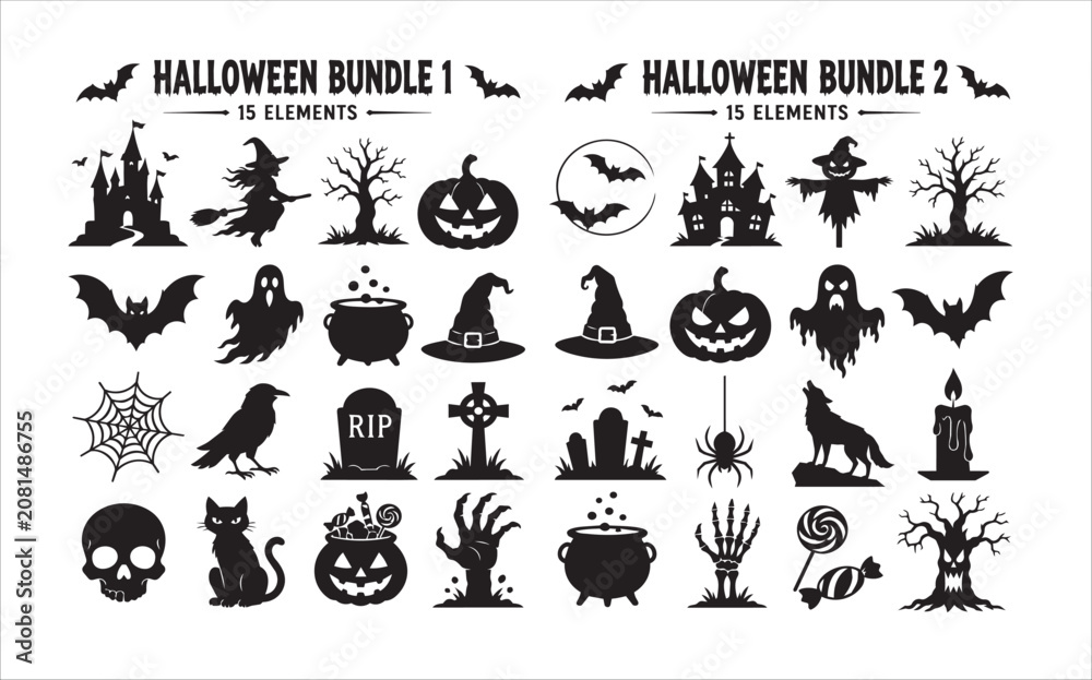 Fototapeta premium Halloween silhouette bundle 30 spooky black icons
