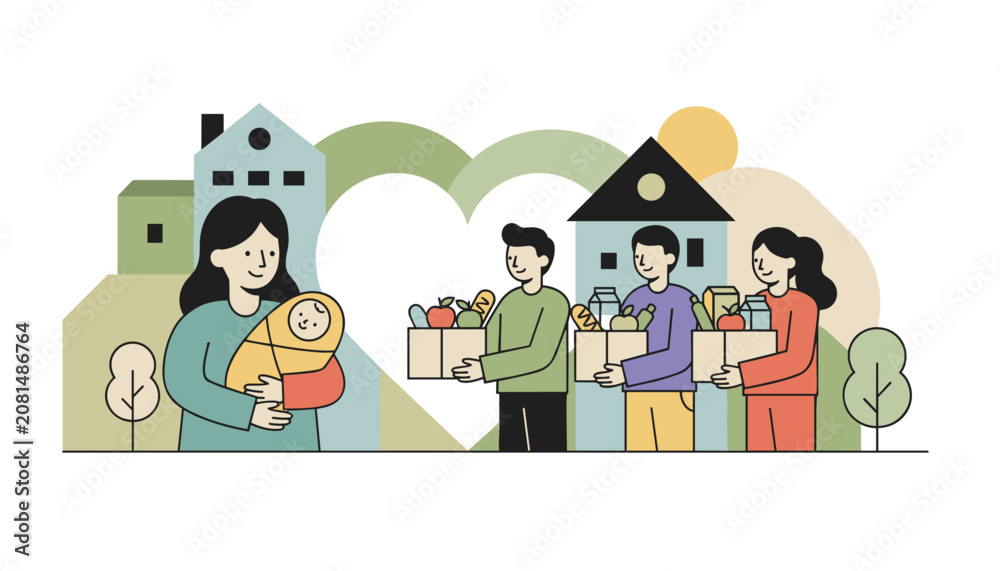Fototapeta premium Group of warmhearted volunteers distributing food donations in boxes to a mother with her baby in front of houses.
